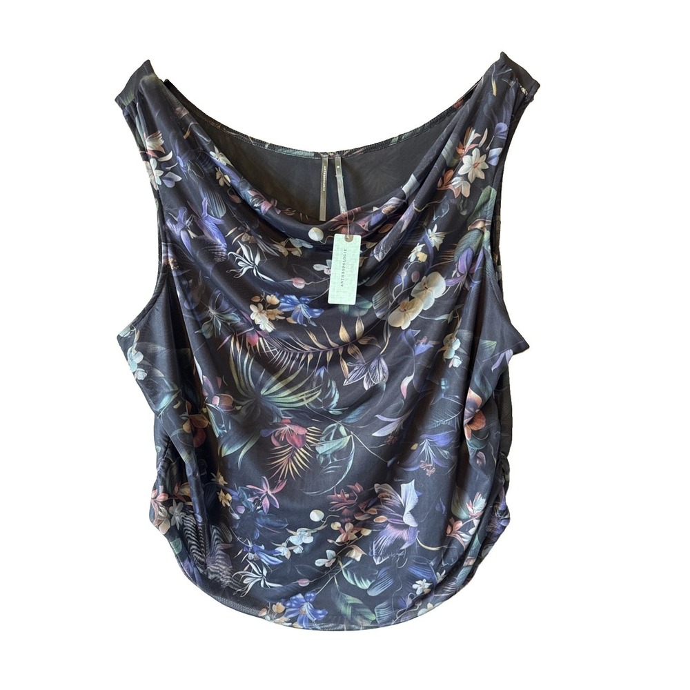 Anthropologie Plus Floral Sheer Black Cowl Neck Tank Top Size 2X NWT
